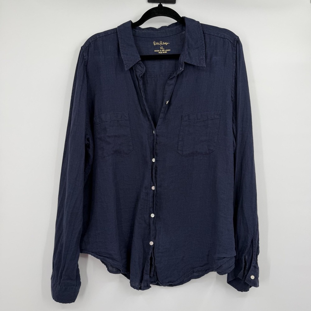 Lilly Pulitzer Shirt Womens XL Blue Linen Button-Up Relaxed Pockets Beach